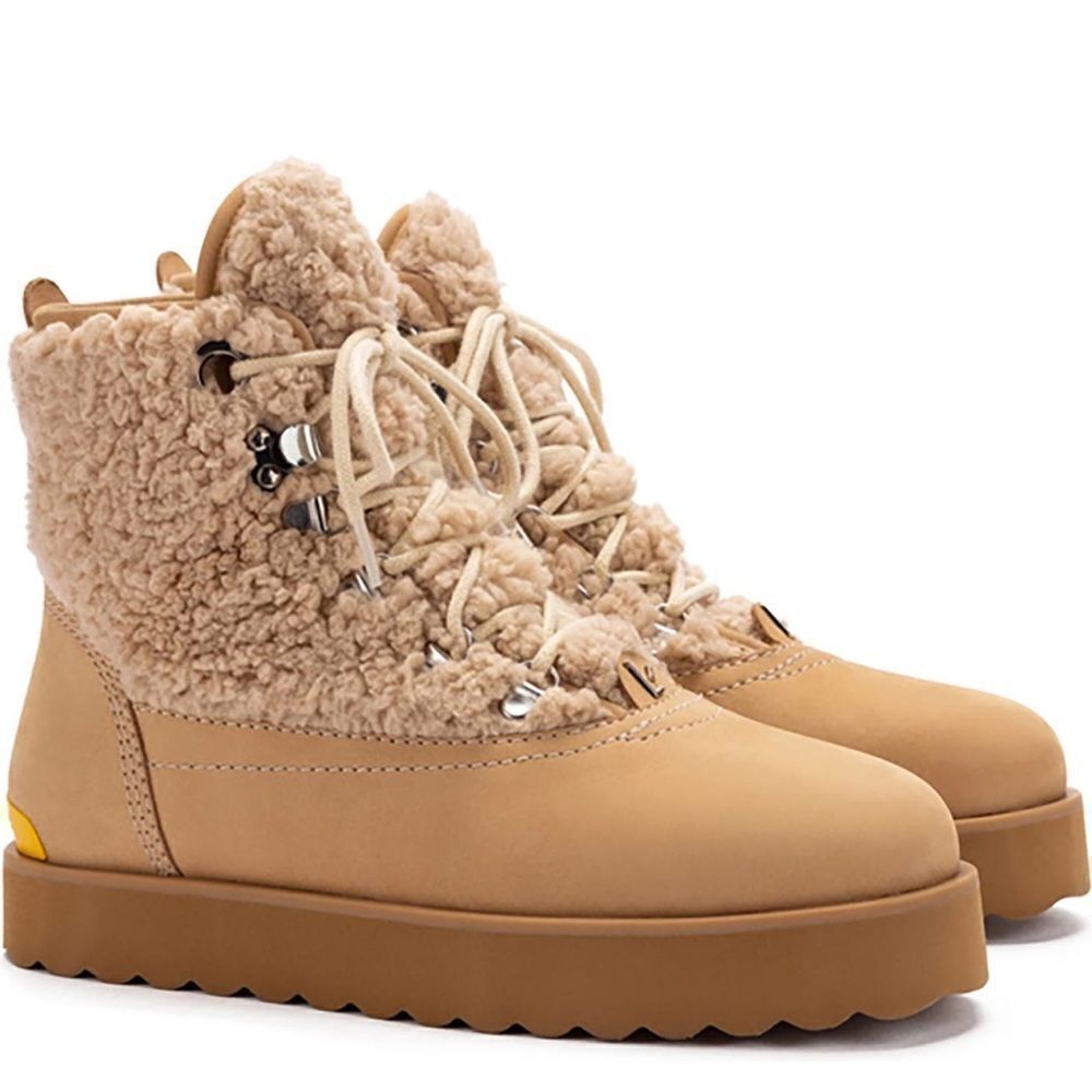 Larroude Vail Leather Nubuck Sherpa Boots in Sand Cream US 7 NEW MSRP $415